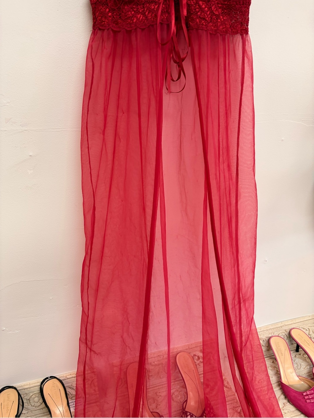 Vintage 1980’s pink lace & sheer tulle spaghetti strap nightgown duster - Picture 4 of 7